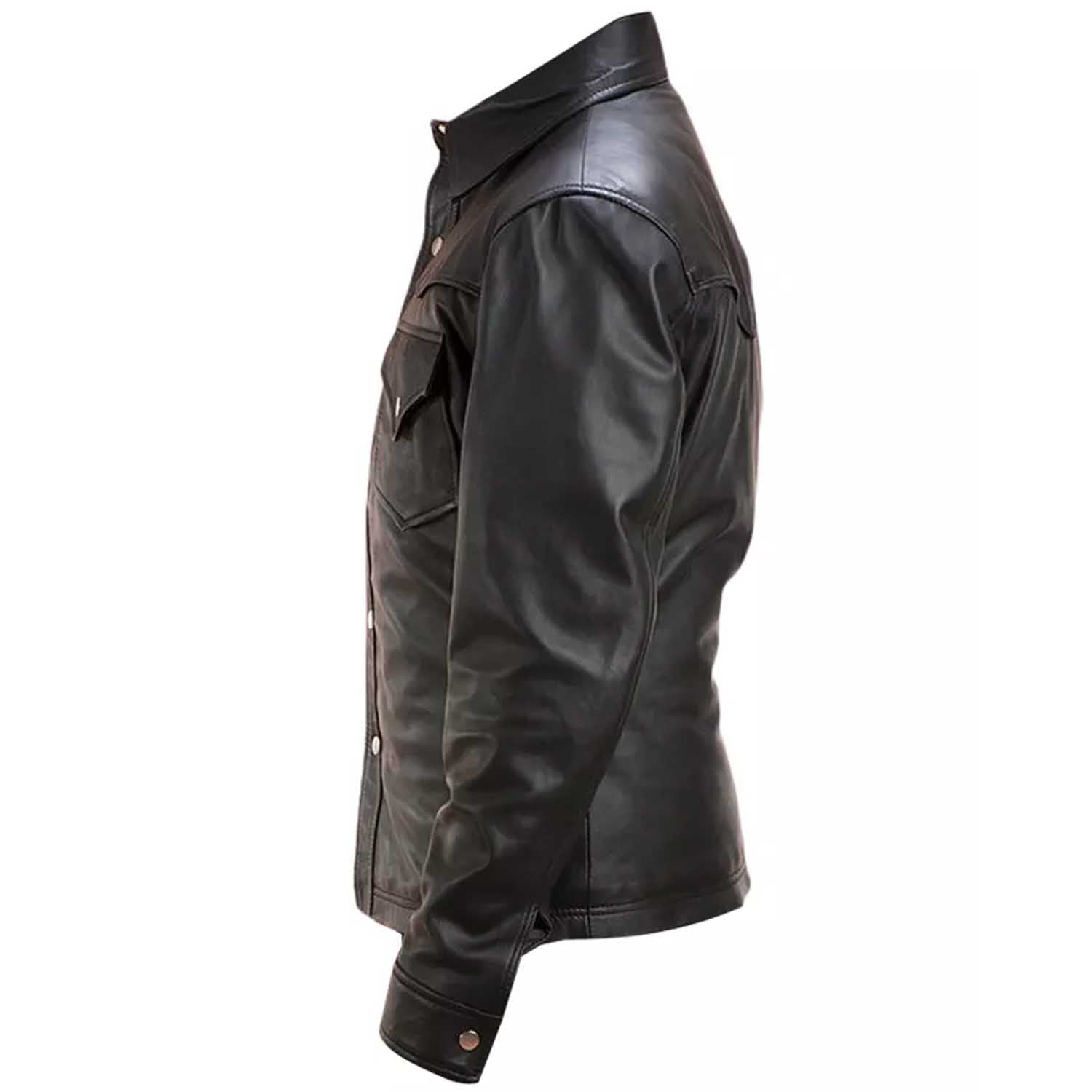 Side view of a black leather jacket on a white background