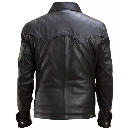 Black leather jacket shown from the back on a white background