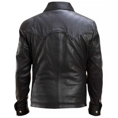 Black leather jacket shown from the back on a white background