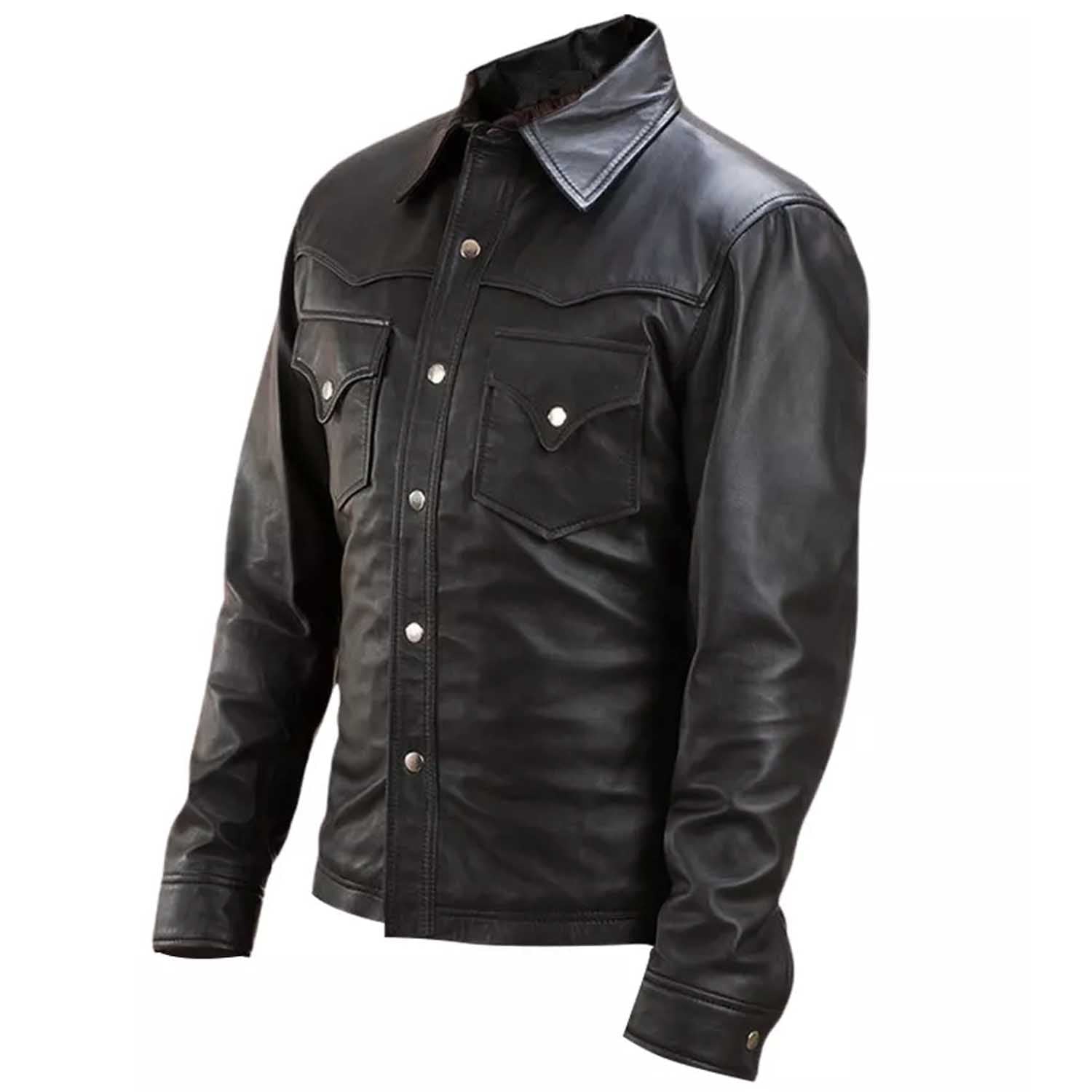 Black leather jacket with button details on a white background