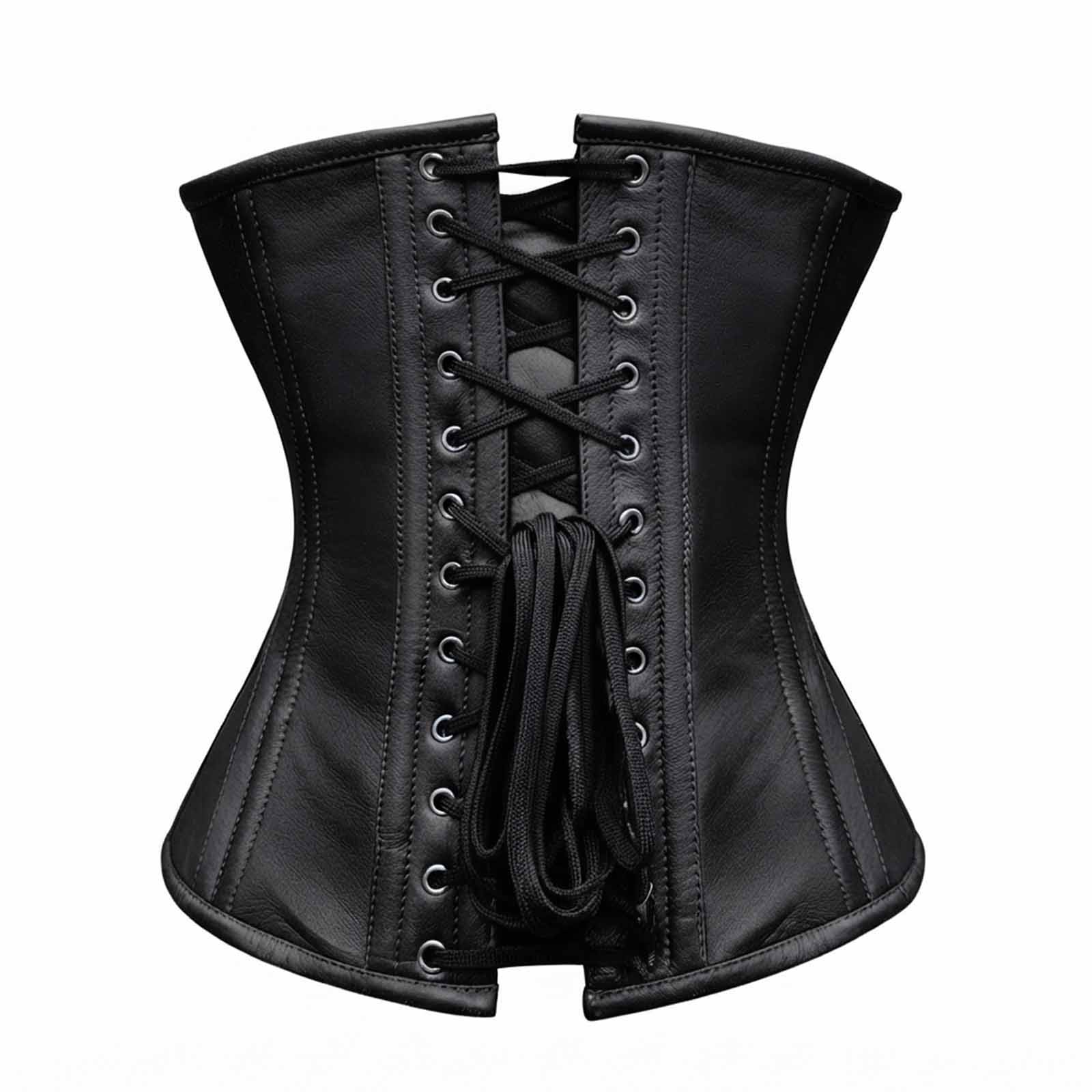 Rear view of a black leather overbust corset featuring silver eyelet grommets and tight-lacing cords over a matching leather modesty panel.