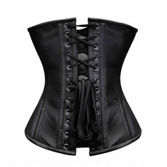 Rear view of a black leather overbust corset featuring silver eyelet grommets and tight-lacing cords over a matching leather modesty panel.