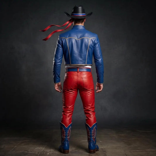 Handmade Blue Leather Cropped Jacket & Red Pants Set | Men’s Western Cowboy Cosplay & Hero Outfit
