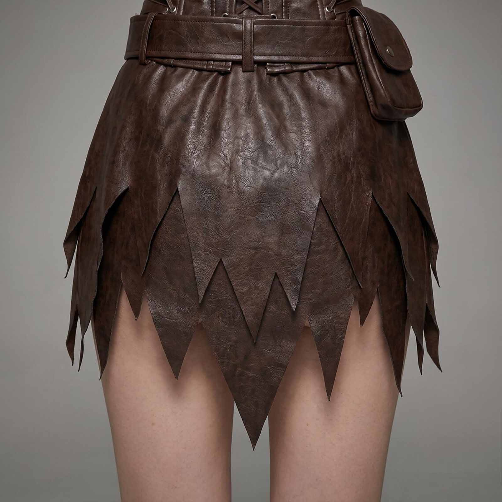 Detailed rear view of the layered tattered skirt hem and lambskin leather belt buckle.
