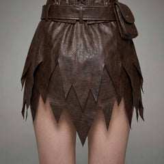 Detailed rear view of the layered tattered skirt hem and lambskin leather belt buckle.