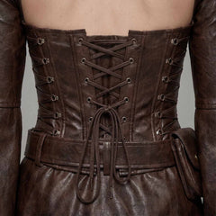 Close-up of a dark brown lambskin leather corset top with lace-up front, metal eyelets, and a matching belt, shown on a model against a neutral gray background.