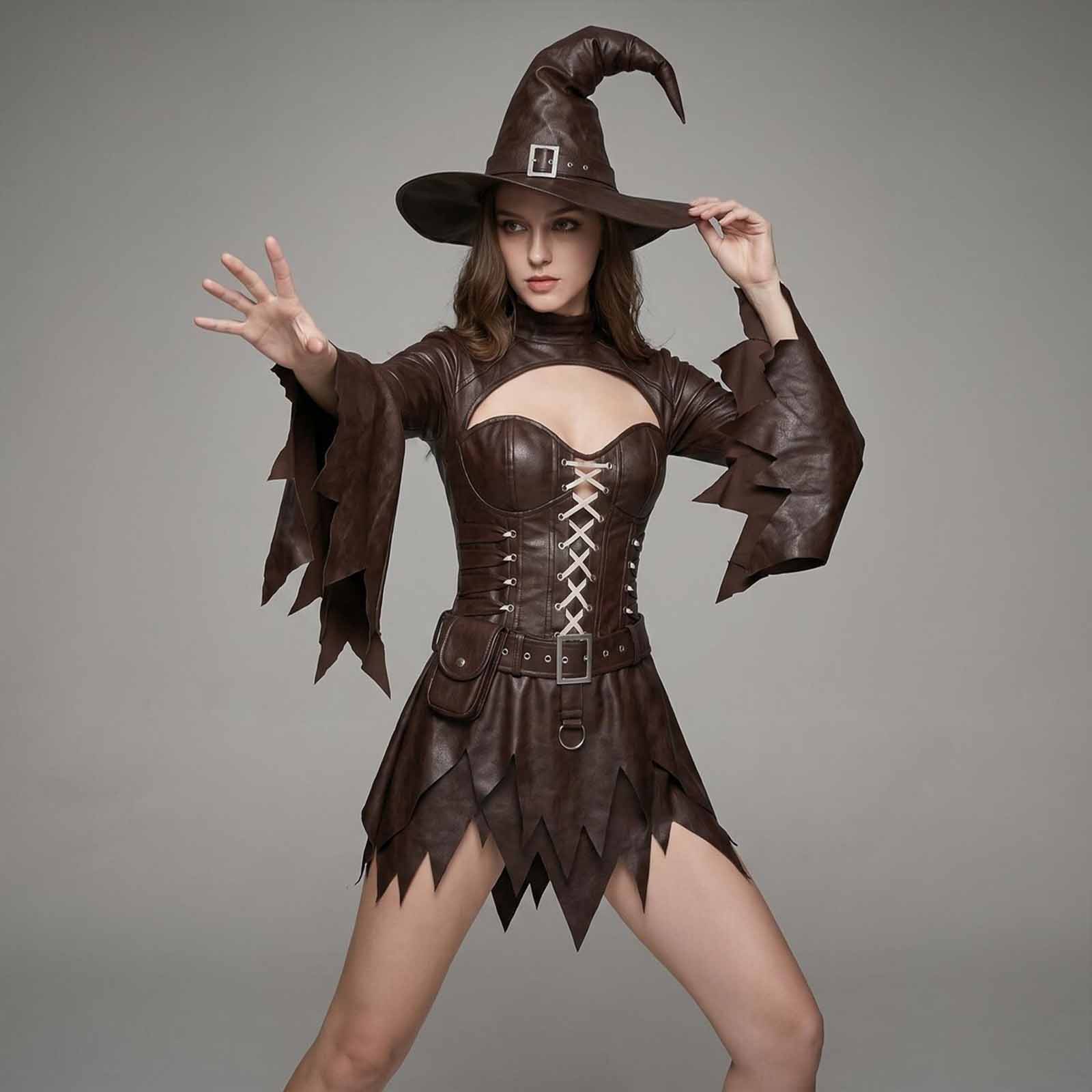 Full-length shot of a woman in a genuine brown lambskin leather gothic witch outfit posing with arms extended.