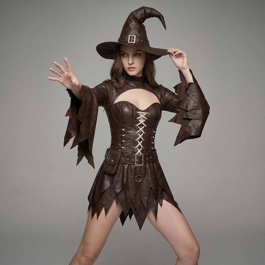 Full-length shot of a woman in a genuine brown lambskin leather gothic witch outfit posing with arms extended.