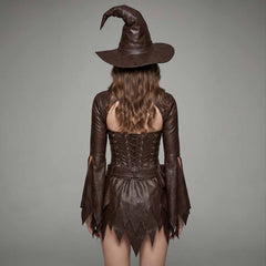 Rear view showing the adjustable rear lacing, cut-out detail, and tattered skirt hem on a women's real lambskin witch costume.