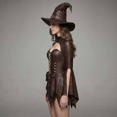 Side profile of the women's brown lambskin leather witch dress showcasing the utility belt, leather pouch, and flared sleeve slits.