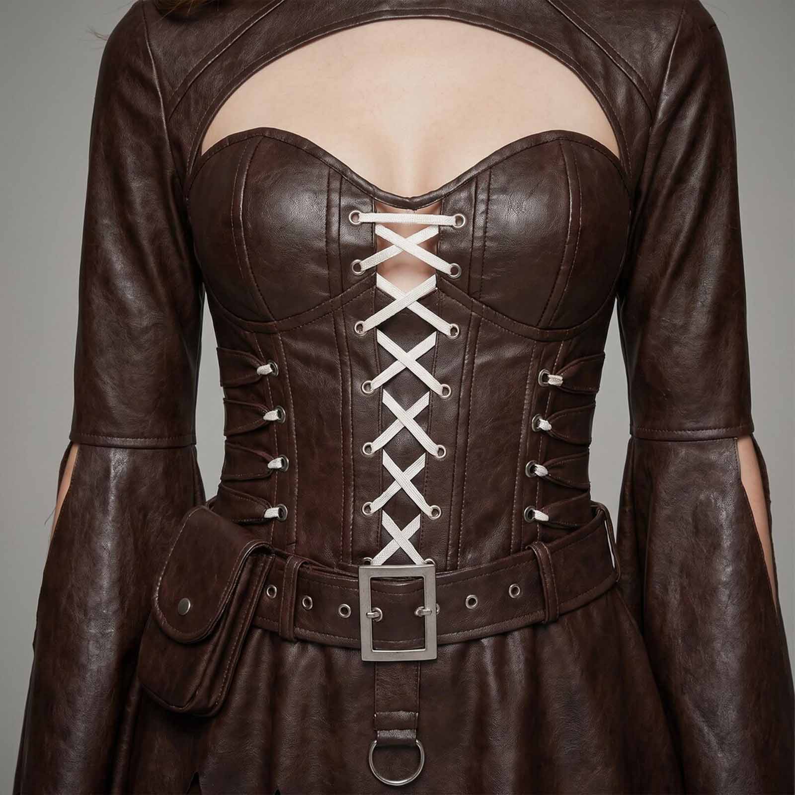 Detailed macro shot of the soft brown lambskin texture, front lace-up eyelets, side ties, and utility belt pouch.