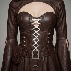 Detailed macro shot of the soft brown lambskin texture, front lace-up eyelets, side ties, and utility belt pouch.