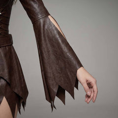 Close-up of the tattered flare sleeve with side slit on a real lambskin leather steampunk dress.