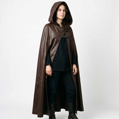 Front view of female model in brown leather viking cape with hood raised against plain white studio background