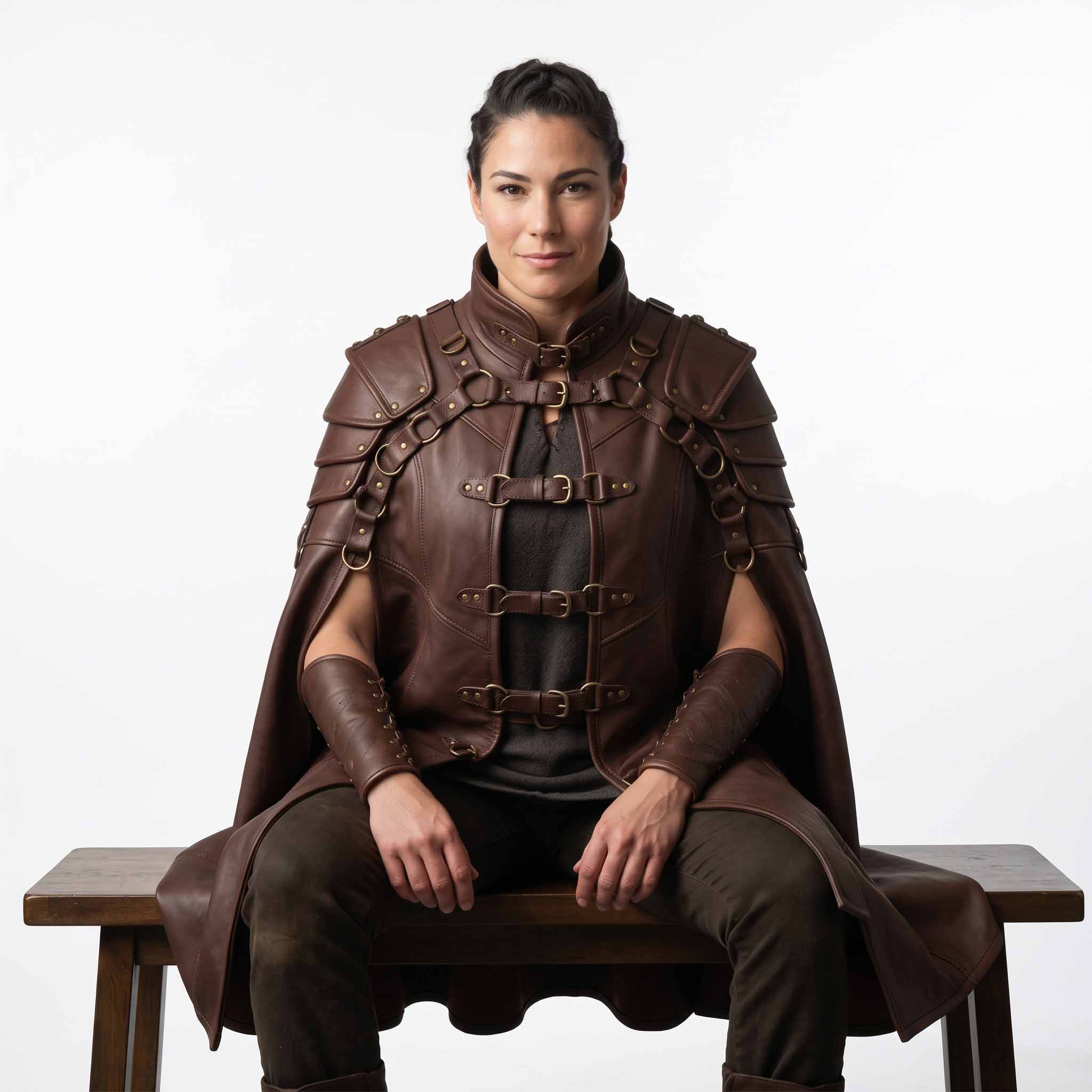 Woman seated on rustic wooden bench wearing brown leather armor cloak and wrist gauntlets showing side arm opening drape