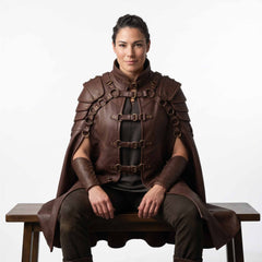 Woman seated on rustic wooden bench wearing brown leather armor cloak and wrist gauntlets showing side arm opening drape