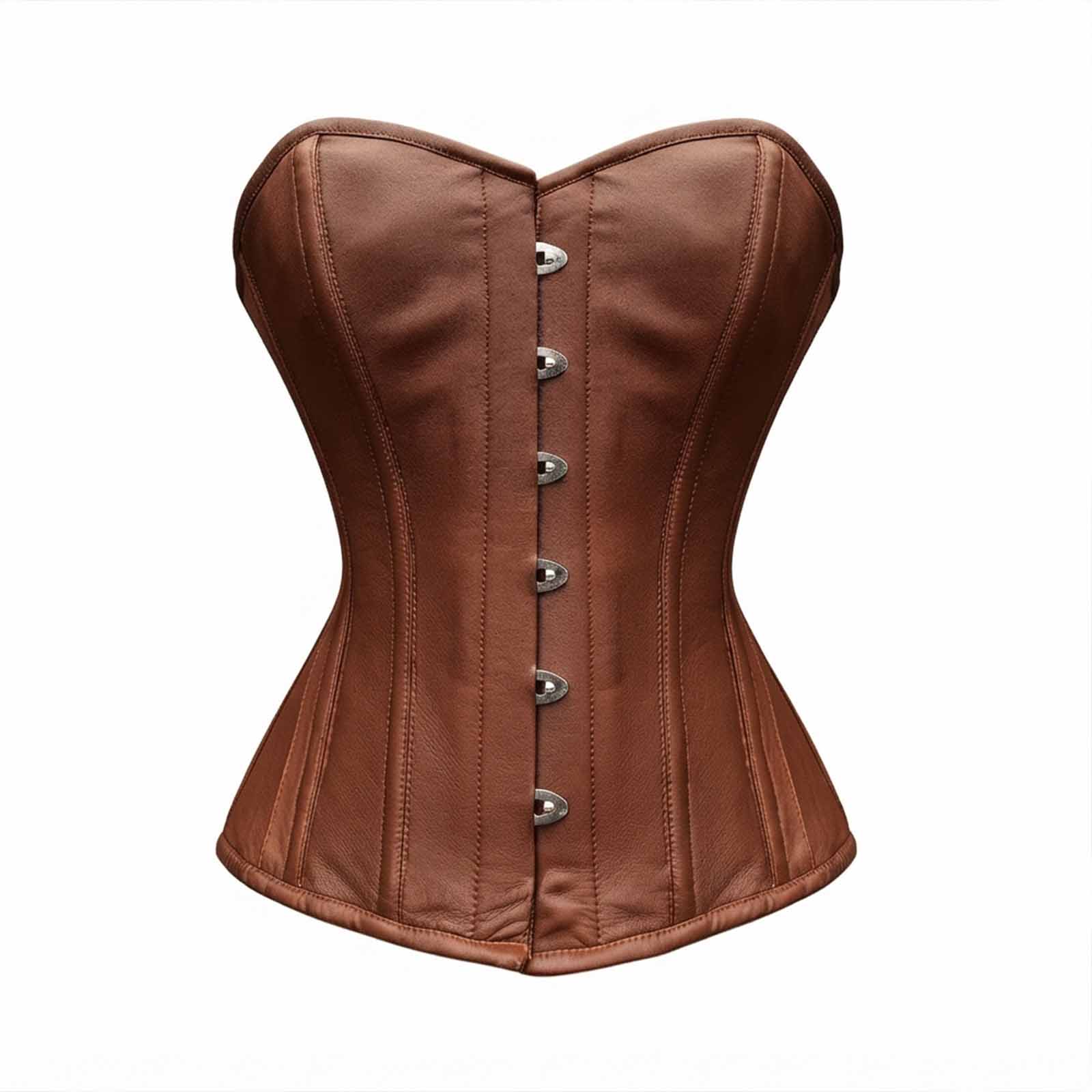 Studio front product shot of a dark brown real leather steel-boned overbust corset with silver metal busk closures.