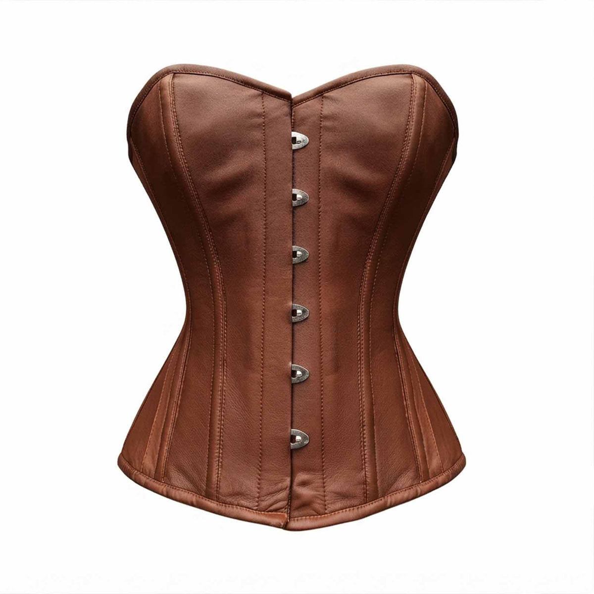 Studio front product shot of a dark brown real leather steel-boned overbust corset with silver metal busk closures.