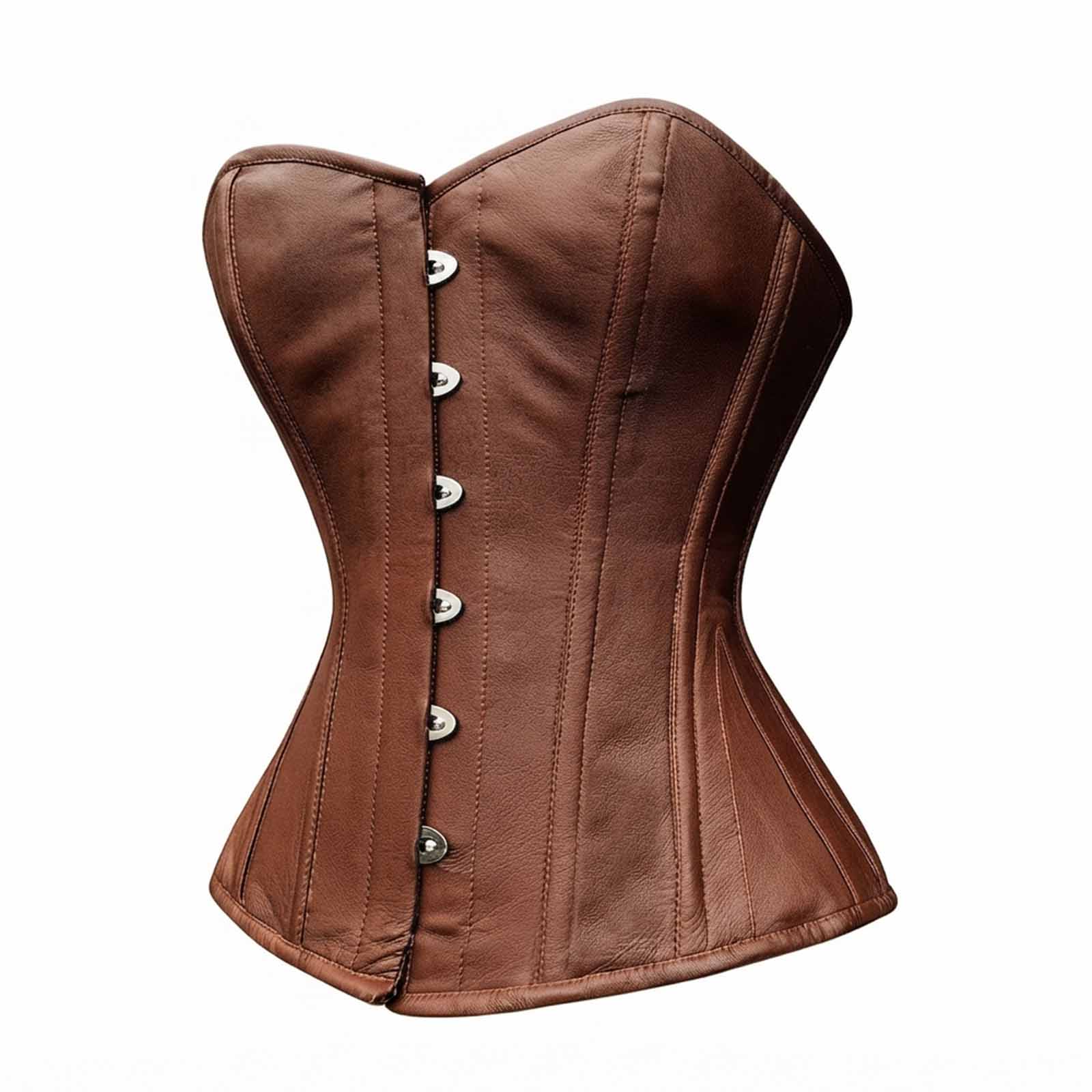 Three-quarter perspective view of a brown sheepskin leather overbust corset top highlighting the 12-panel waist-cinching structure.