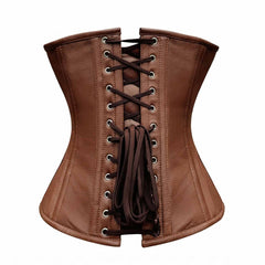 Rear view of a brown leather overbust corset featuring silver eyelet grommets and tight-lacing cords over a matching leather modesty panel.