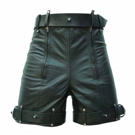 Men's Leather Bondage / Locking Chastity Shorts Genuine Cow Leather