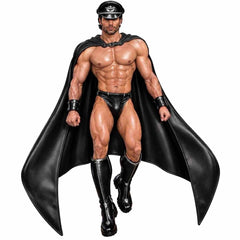 Front view of a man wearing a long black cowhide leather superhero cape featuring a bat-wing hem and buckled collar closure.