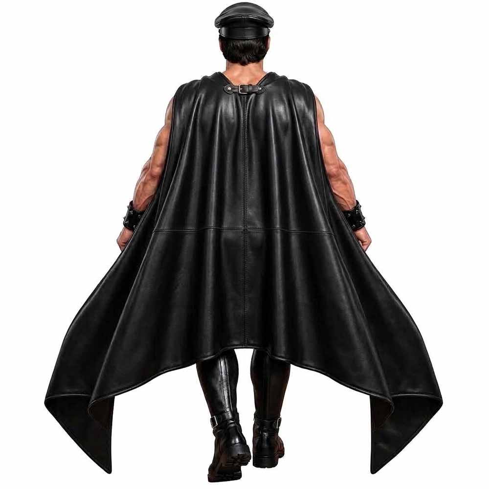 Back view of a black genuine leather superhero cloak displaying vertical panel stitching and flared scalloped bat wings.