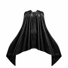 Studio product display showing the back paneling and draped scalloped hem of the black leather bat cape.