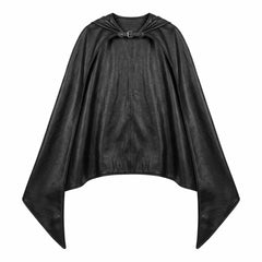 Studio flat lay view of the black cowhide leather cape highlighting the adjustable front collar buckle and side drape.