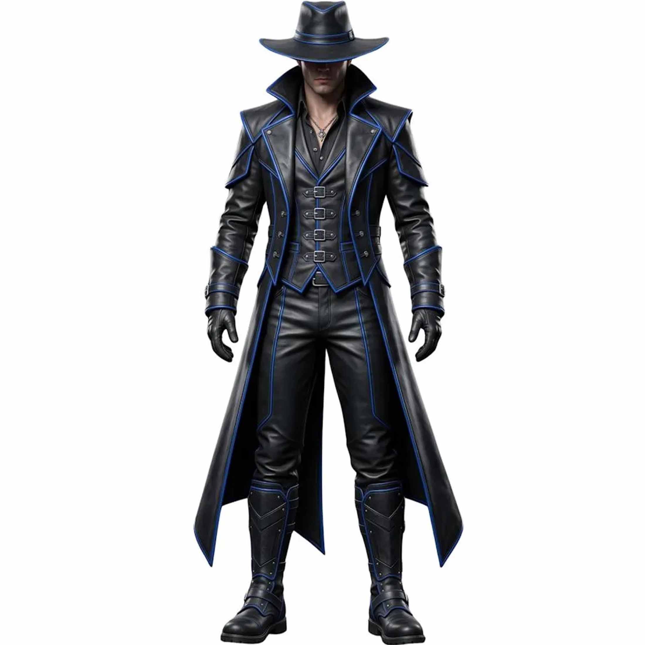 Full length front view of handmade black cyberpunk leather trench coat outfit with electric blue trim, buckled vest, and wide brim hat