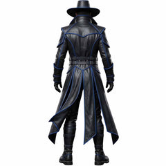 Rear full body view of black leather sci fi duster coat showing split tails, waist cinch straps, and matching armored boots
