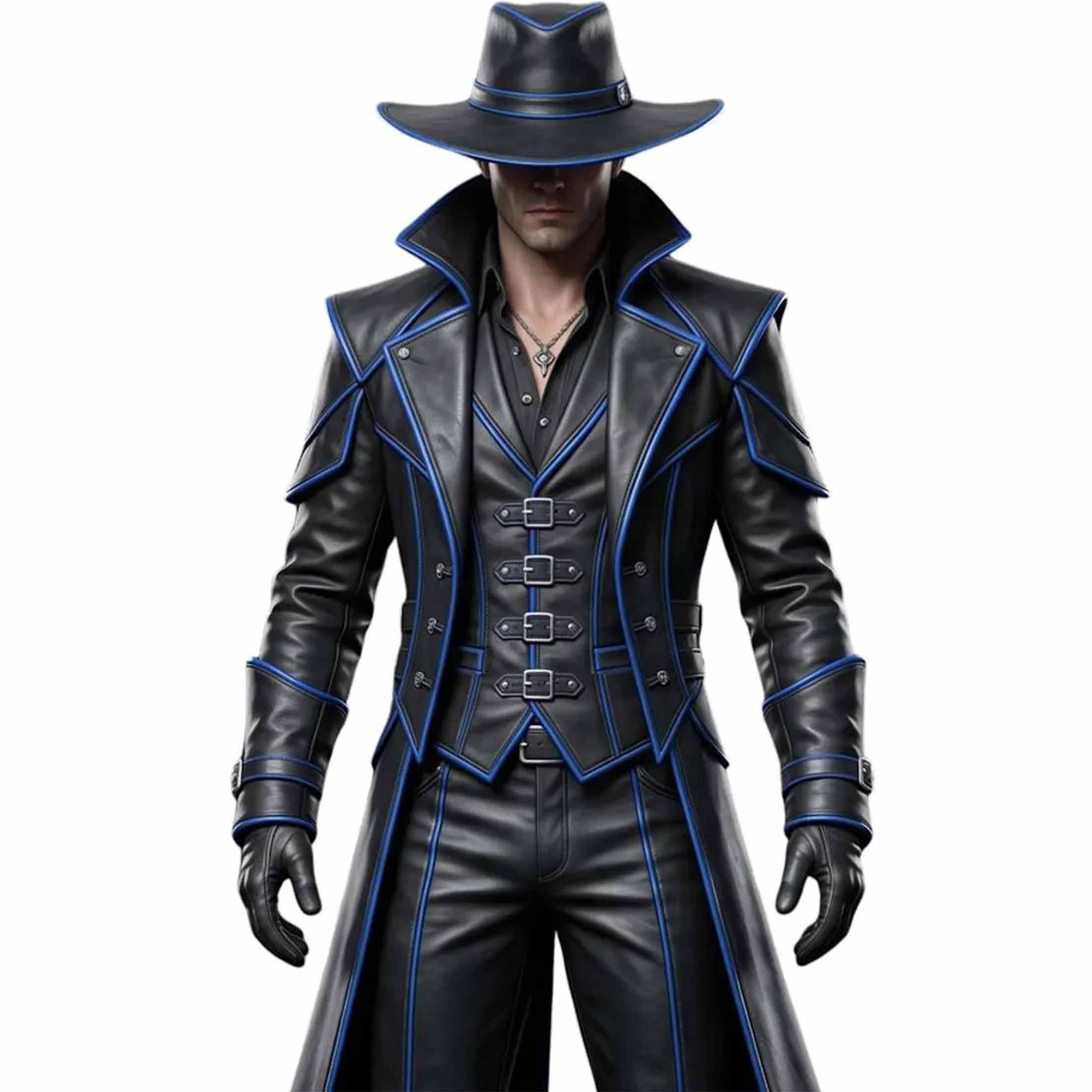 Front close up of black leather cyberpunk coat and vest set featuring high collar, metallic buckle straps, and blue accent piping