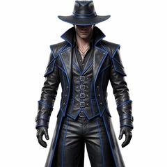 Front close up of black leather cyberpunk coat and vest set featuring high collar, metallic buckle straps, and blue accent piping