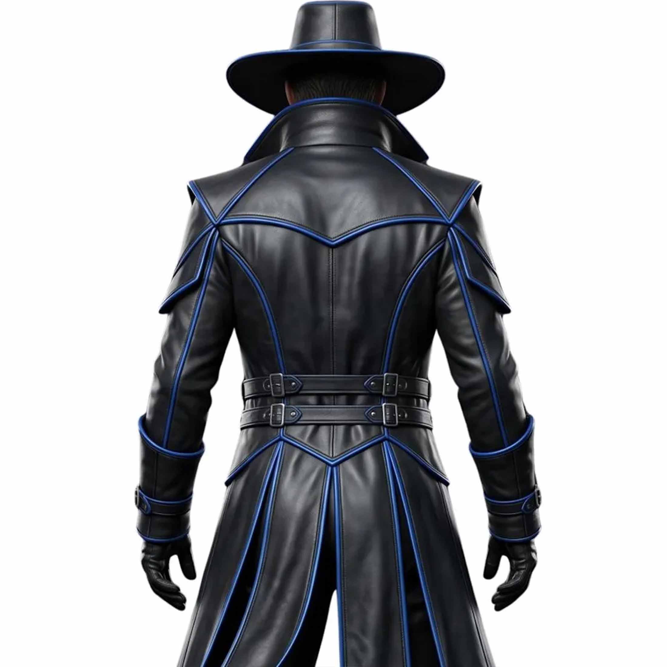 Close up back view of cyberpunk leather trench coat highlighting geometric blue piping lines and segmented shoulder armor design