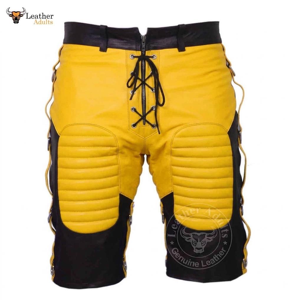 Mens Cowhide Leather Yellow and Black Contrast Clubwear Bondage Shorts