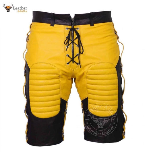 Mens Cowhide Leather Yellow and Black Contrast Clubwear Bondage Shorts