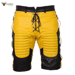 Mens Cowhide Leather Yellow and Black Contrast Clubwear Bondage Shorts