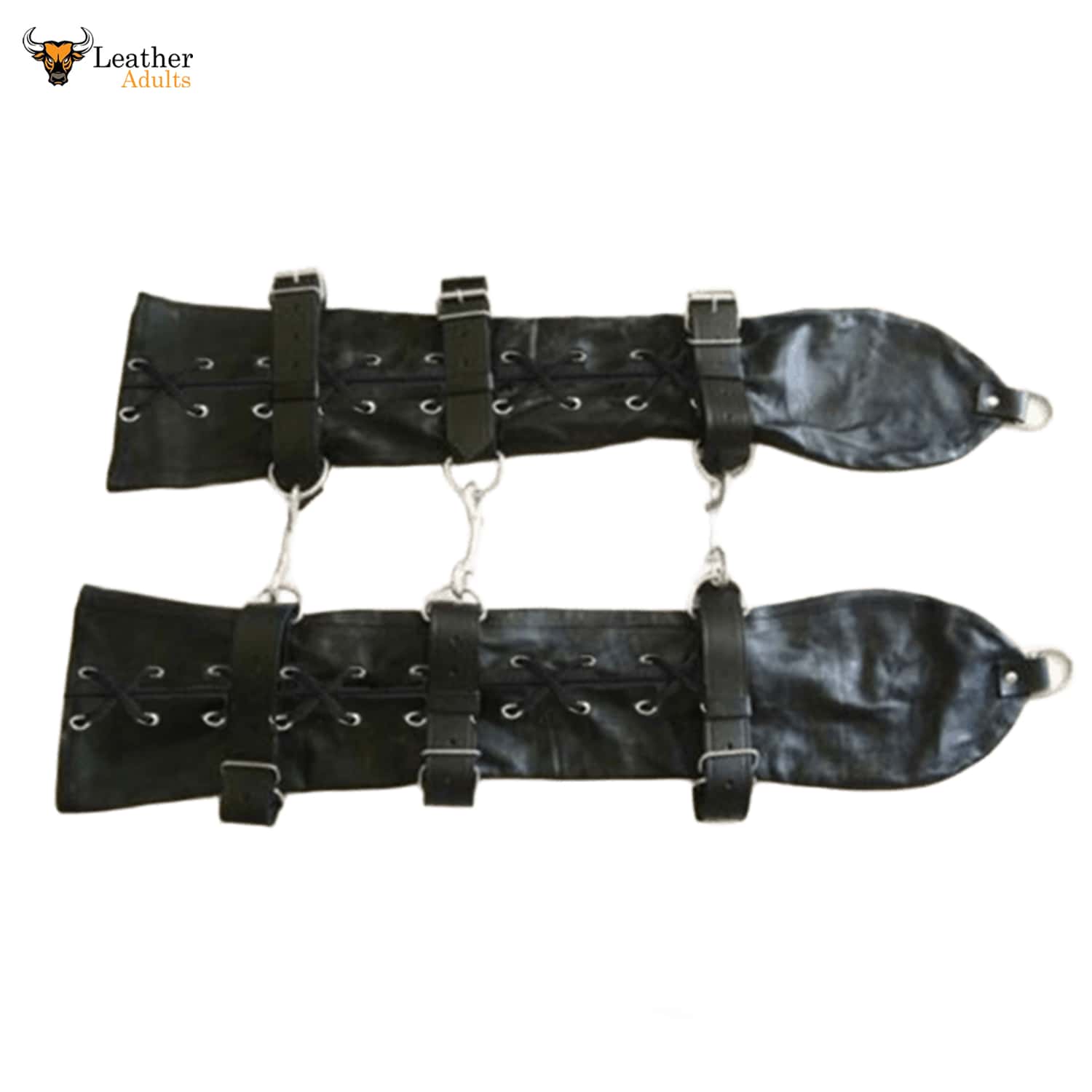 This image shows a pair of black leather arm restraints, designed for adults. Each restraint features multiple straps with buckles for adjustability, as well as lacing details along the length. Metal D-rings or similar attachments are visible at the ends and along the sides, suggesting they can be connected or secured. The overall appearance is robust and functional.