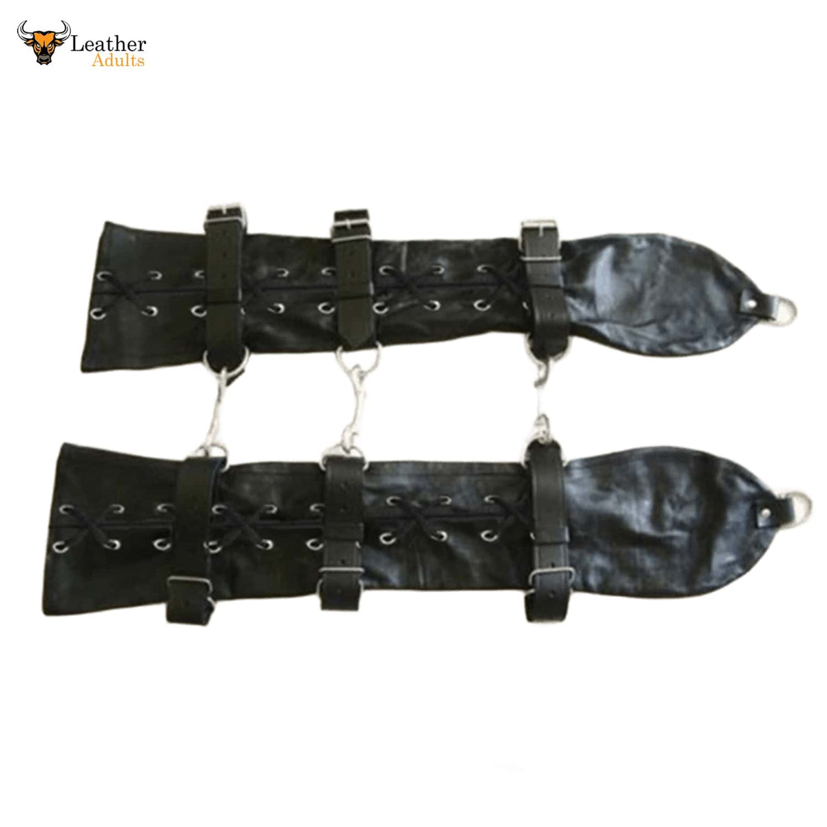 This image shows a pair of black leather arm restraints, designed for adults. Each restraint features multiple straps with buckles for adjustability, as well as lacing details along the length. Metal D-rings or similar attachments are visible at the ends and along the sides, suggesting they can be connected or secured. The overall appearance is robust and functional.