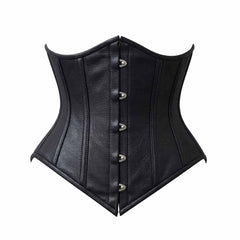 Front view of a black genuine cowhide leather underbust corset featuring silver metal busk closures and steel boning panels.