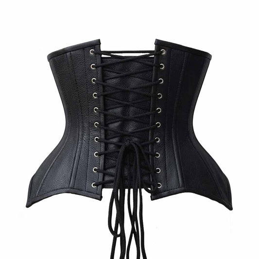 Rear view showing the lace-up cord cinching system and metal eyelet grommets on a black real leather underbust waist trainer.