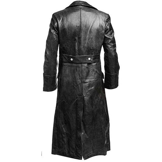 German Classic WW2 Officer Military Uniform Mens Black Real Leather Winter Long Coat