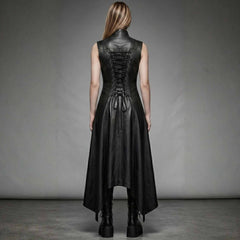 Rear full length view of black leather duster coat showing adjustable corset lace up back and flowing long tailcoat hem