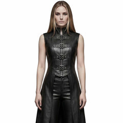 Front close up of black gothic leather vest highlighting high mandarin collar and four polished metal buckle closures