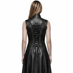 Close up view of the back of womens leather trench vest detailing the adjustable criss cross corset eyelet lacing