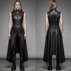 Front and back display of women wearing handmade black leather gothic steampunk vampire longline vest coat