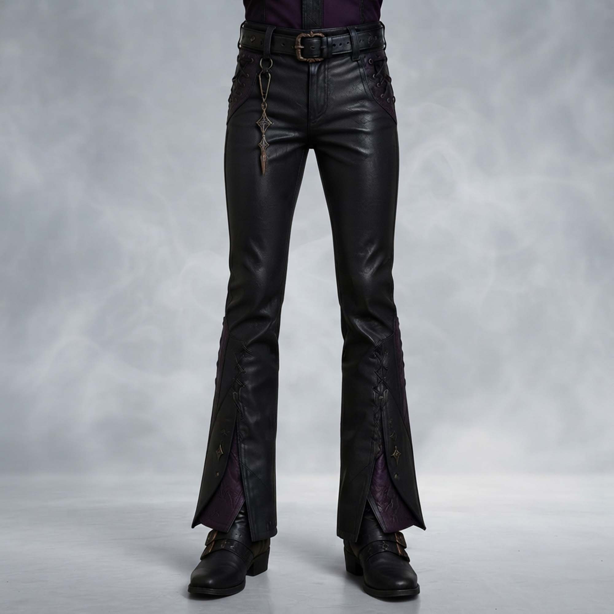 Front view of black leather witch costume trousers featuring side-hip lacing, belt loops, and purple leather flared leg gussets.
