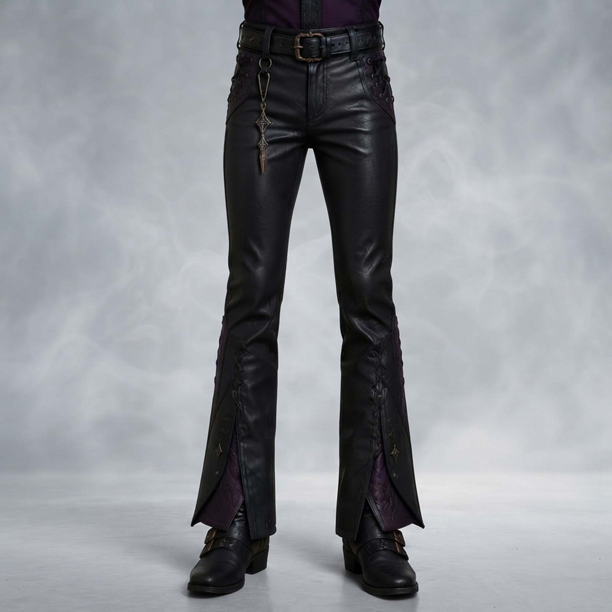Front view of black leather witch costume trousers featuring side-hip lacing, belt loops, and purple leather flared leg gussets.