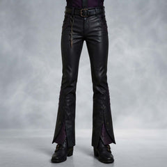 Front view of black leather witch costume trousers featuring side-hip lacing, belt loops, and purple leather flared leg gussets.