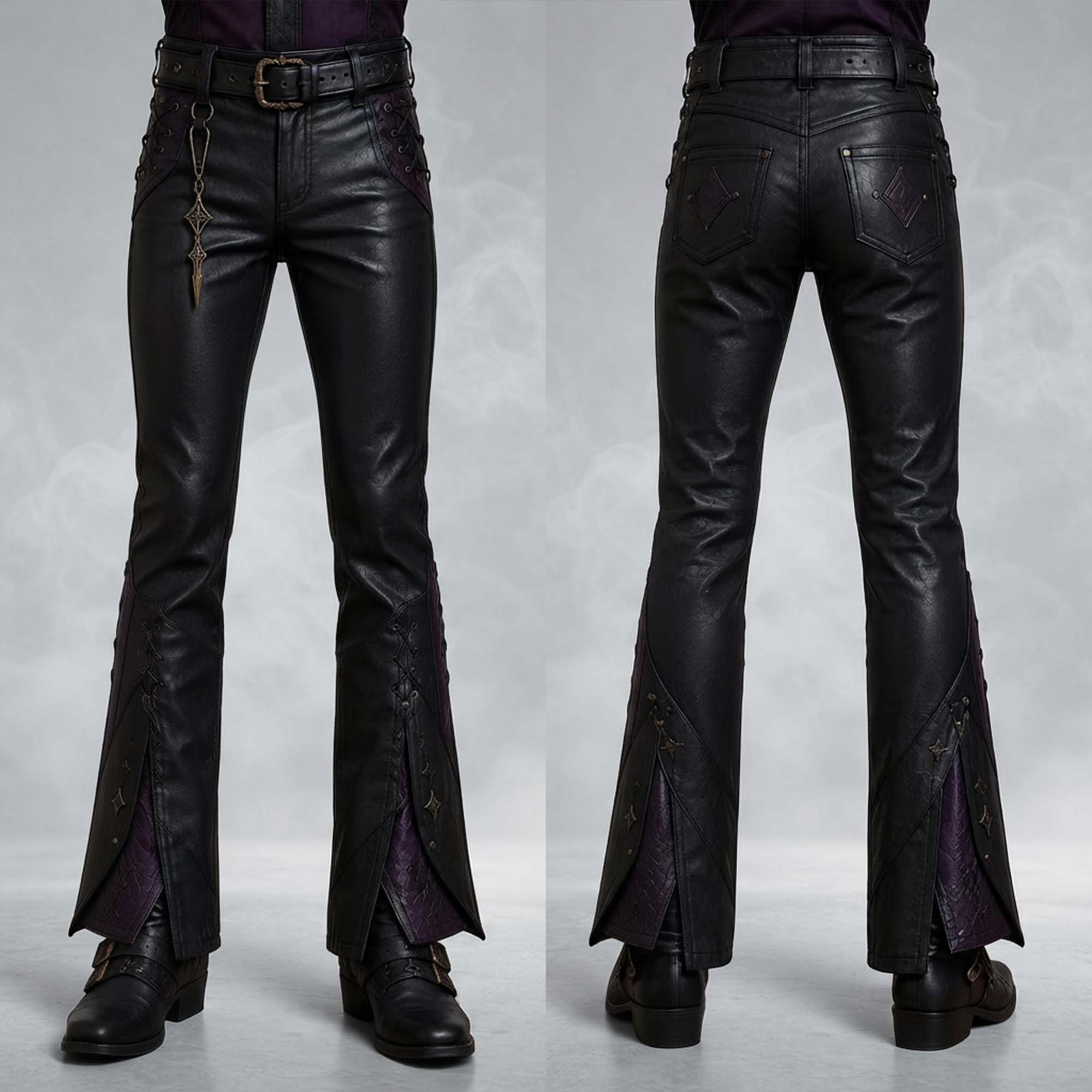 Front and back full-length comparison view of handcrafted black and purple leather dark mage cosplay trousers.